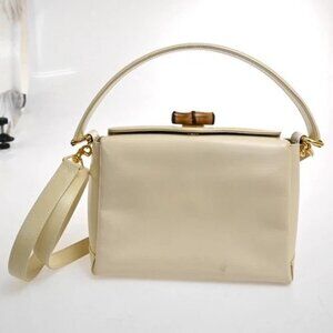 GUCCI Logo Bamboo 2Way Shoulder Hand Bag Leather Beige GHW Italy 34CA516